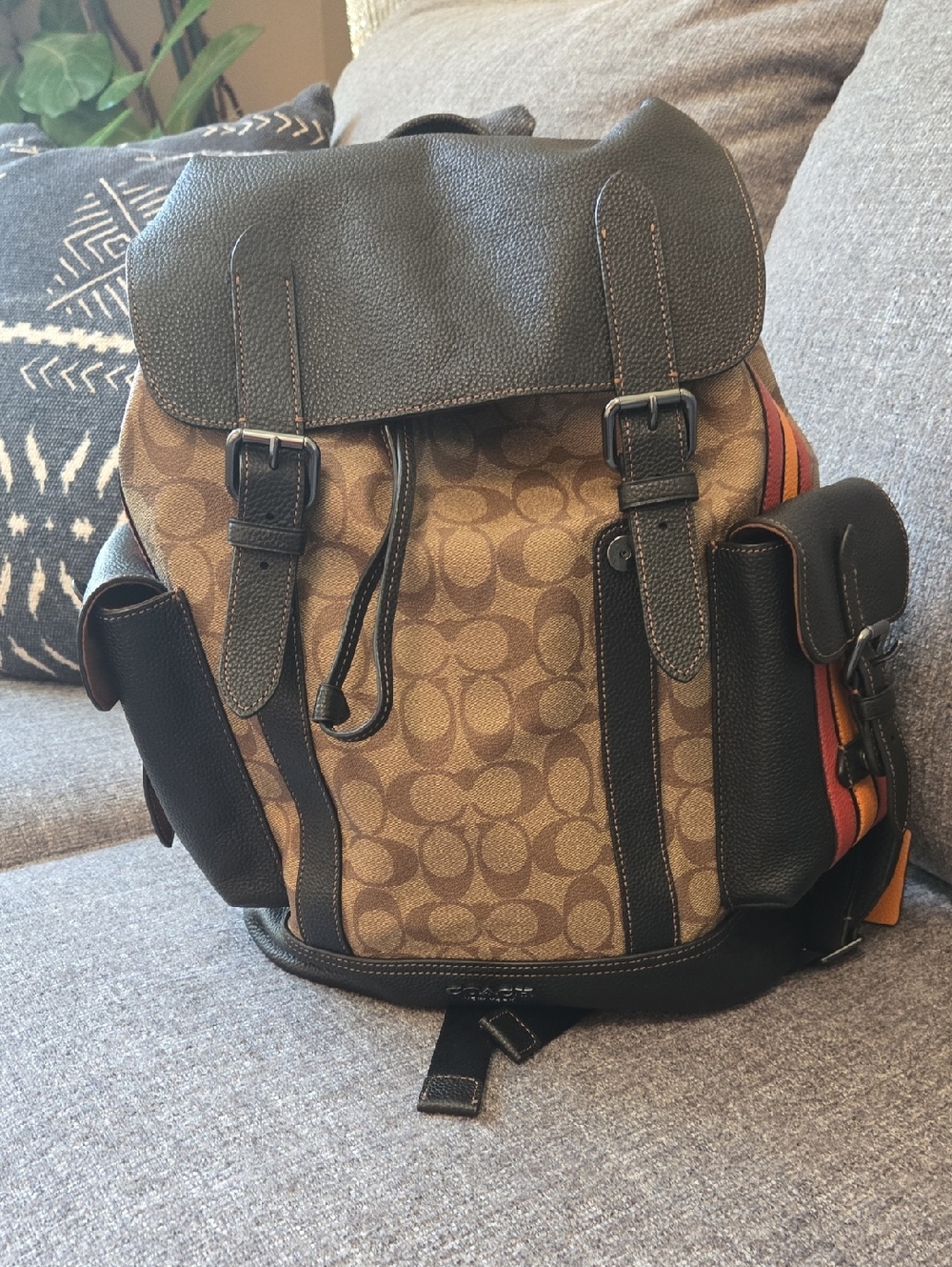 Coach Brown Signature Canvas Backpack with Black Trim and Orange Accent